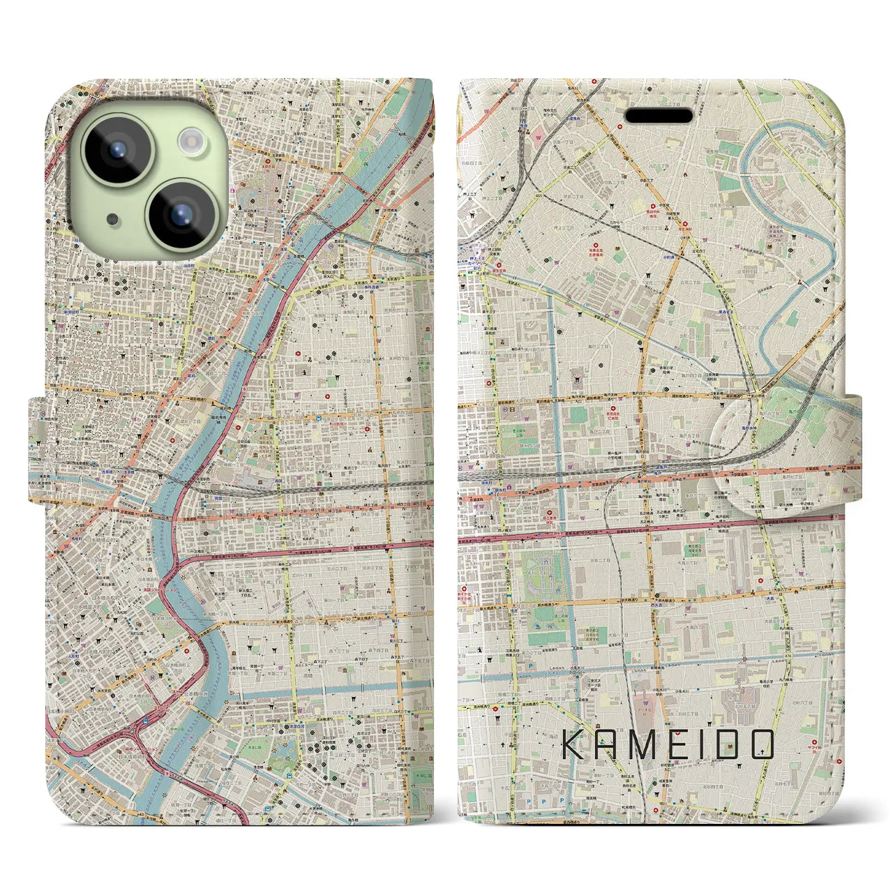 【亀戸（東京都）】地図柄iPhoneケース（手帳タイプ）ナチュラル・iPhone 15 用