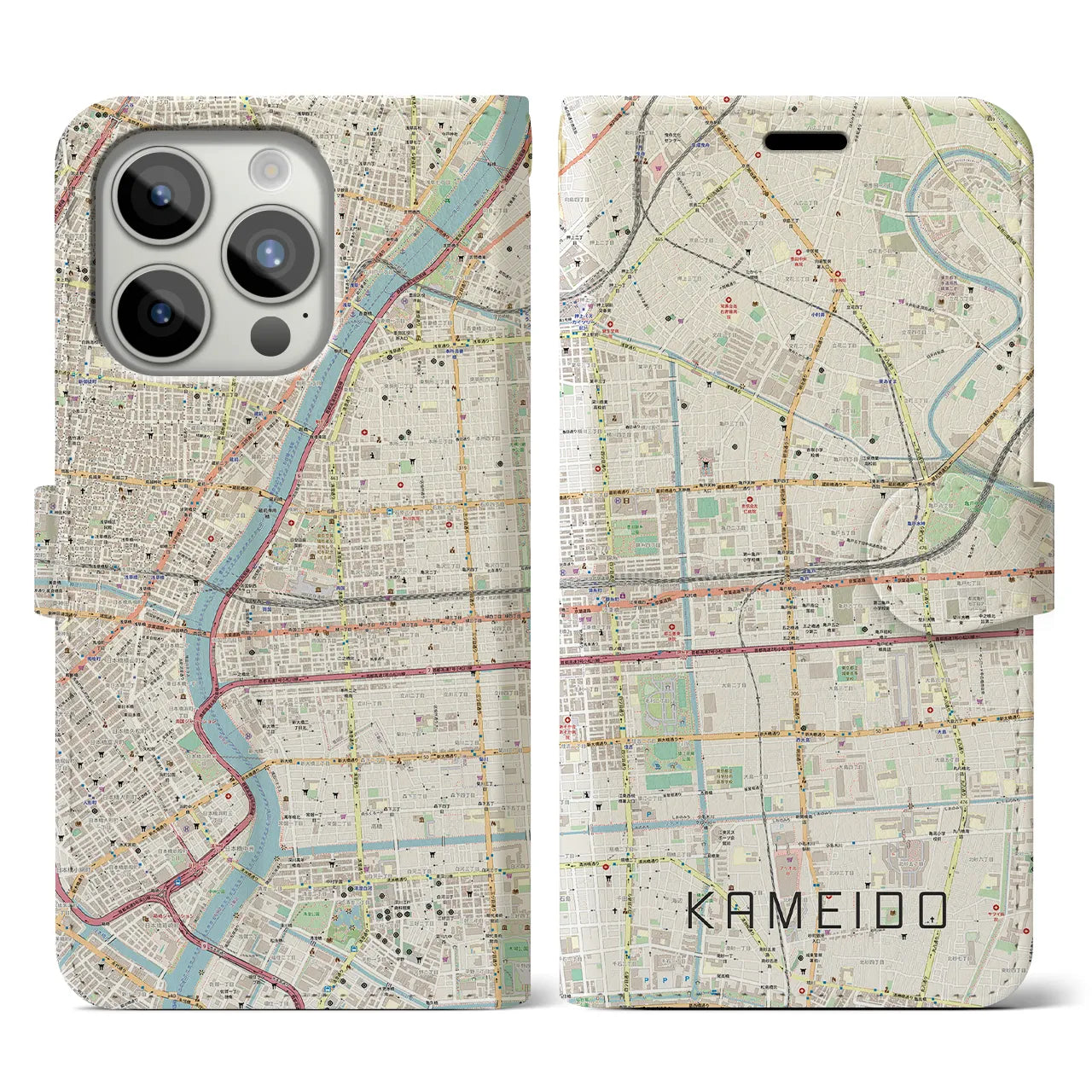 【亀戸（東京都）】地図柄iPhoneケース（手帳タイプ）ナチュラル・iPhone 15 Pro 用