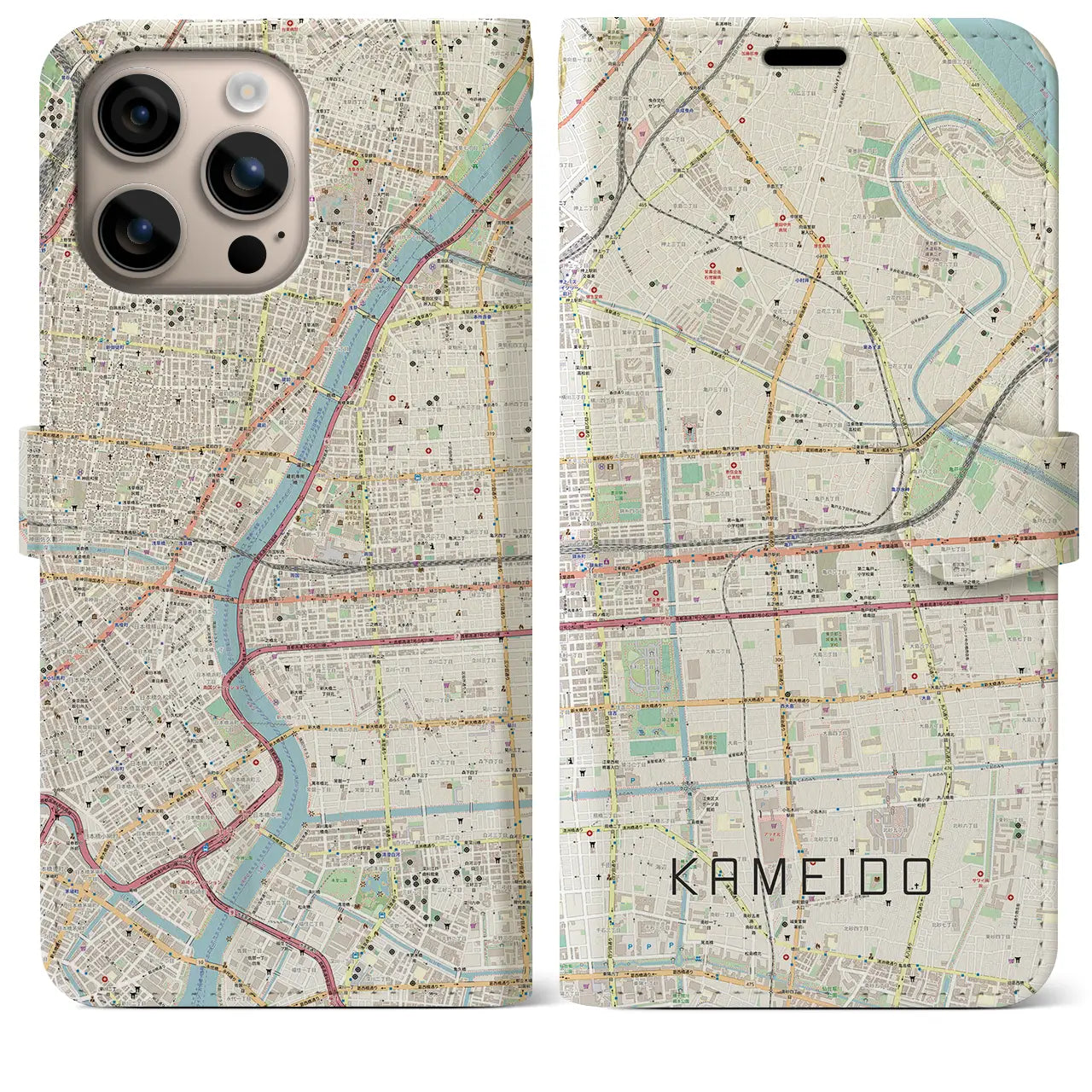 【亀戸（東京都）】地図柄iPhoneケース（手帳タイプ）ナチュラル・iPhone 16 Plus 用