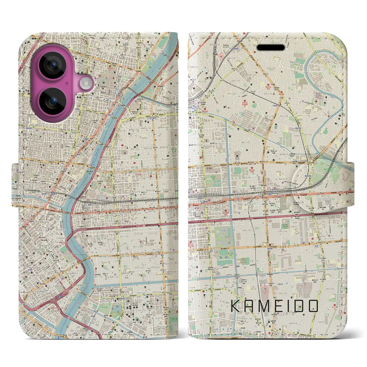 【亀戸（東京都）】地図柄iPhoneケース（手帳タイプ）ナチュラル・iPhone 16 Pro 用