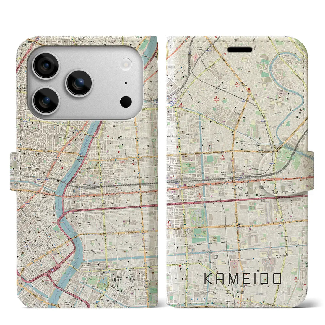 【亀戸（東京都）】地図柄iPhoneケース（手帳タイプ）モノトーン・iPhone 17 Pro Max 用