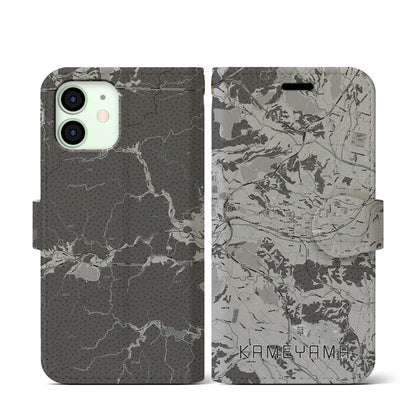 【亀山（三重県）】地図柄iPhoneケース（手帳タイプ）モノトーン・iPhone 12 mini 用