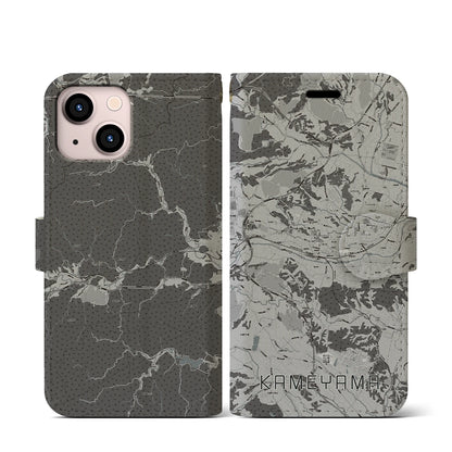 【亀山（三重県）】地図柄iPhoneケース（手帳タイプ）モノトーン・iPhone 13 mini 用