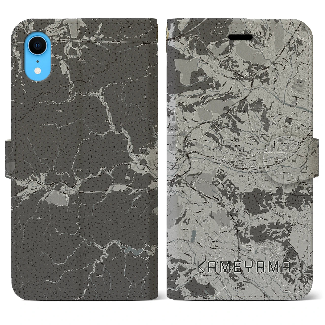 【亀山】地図柄iPhoneケース（手帳両面タイプ・モノトーン）iPhone XR 用