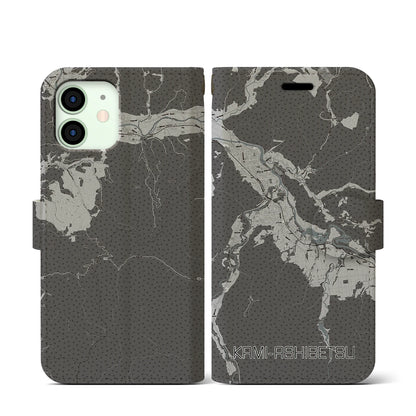 【上芦別（北海道）】地図柄iPhoneケース（手帳タイプ）モノトーン・iPhone 12 mini 用