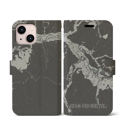 【上芦別（北海道）】地図柄iPhoneケース（手帳タイプ）モノトーン・iPhone 13 mini 用