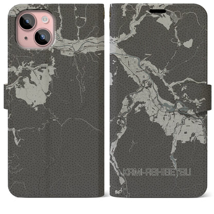 【上芦別（北海道）】地図柄iPhoneケース（手帳タイプ）モノトーン・iPhone 15 Plus 用