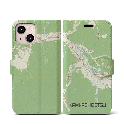 【上芦別（北海道）】地図柄iPhoneケース（手帳タイプ）ナチュラル・iPhone 13 mini 用