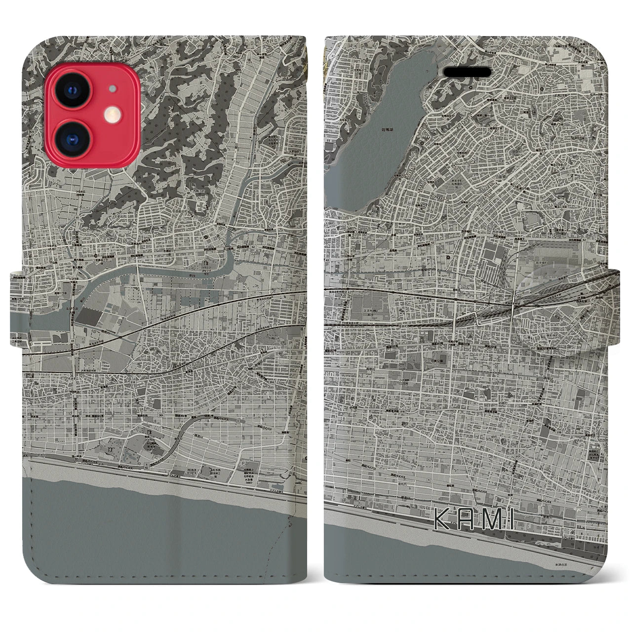 【可美】地図柄iPhoneケース（手帳両面タイプ・モノトーン）iPhone 11 用