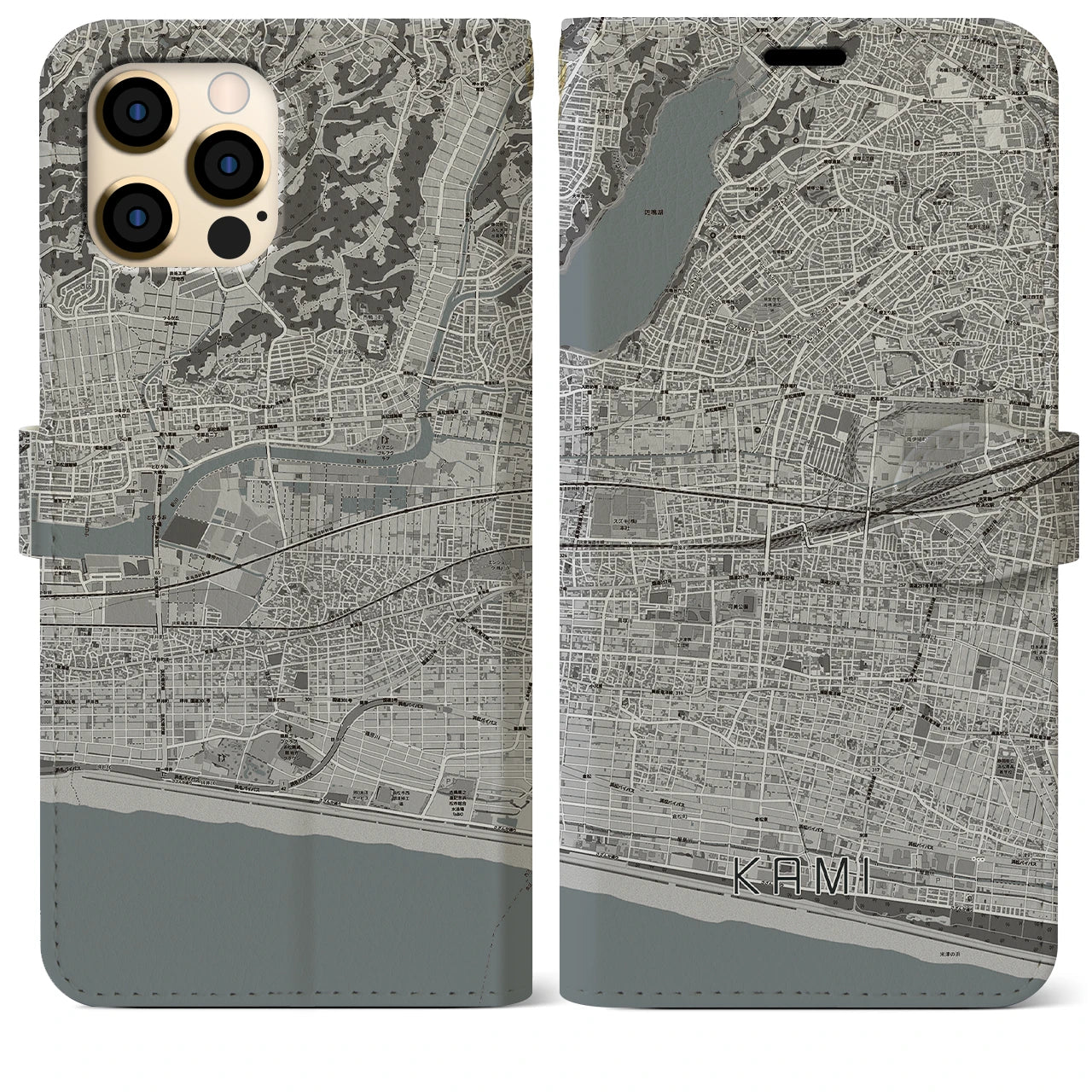【可美】地図柄iPhoneケース（手帳両面タイプ・モノトーン）iPhone 12 Pro Max 用