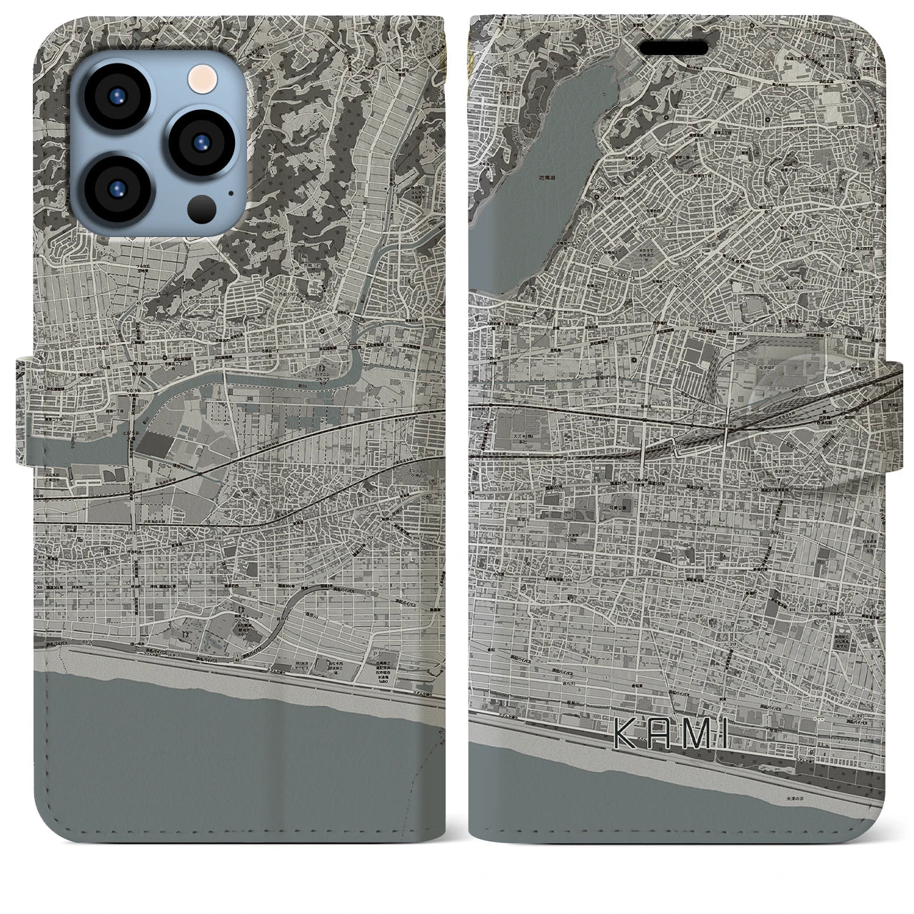 【可美】地図柄iPhoneケース（手帳両面タイプ・モノトーン）iPhone 13 Pro Max 用
