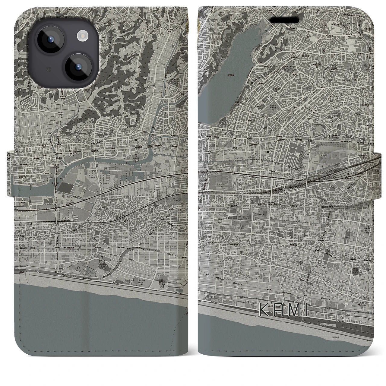 【可美】地図柄iPhoneケース（手帳両面タイプ・モノトーン）iPhone 14 Plus 用