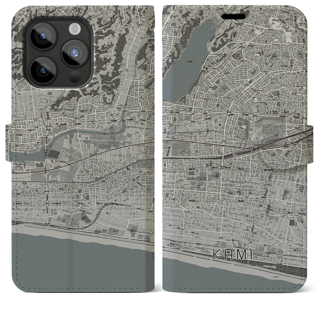 【可美】地図柄iPhoneケース（手帳両面タイプ・モノトーン）iPhone 15 Pro Max 用