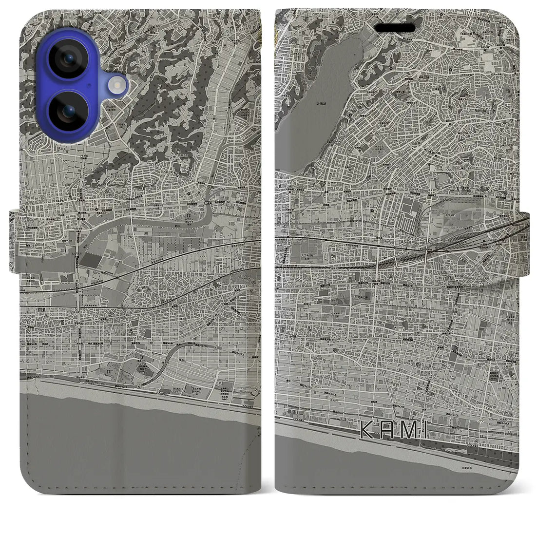 【可美(静岡県)】地図柄iPhoneケース(手帳タイプ)モノトーン・iPhone 16 Pro Max 用