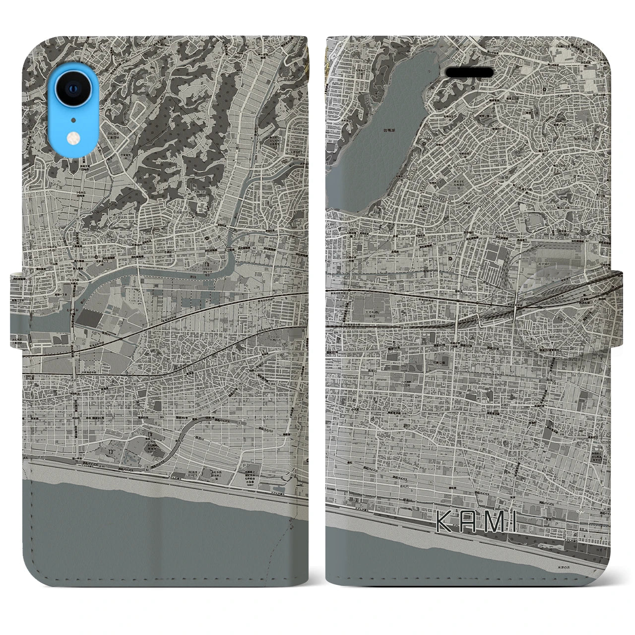 【可美】地図柄iPhoneケース（手帳両面タイプ・モノトーン）iPhone XR 用