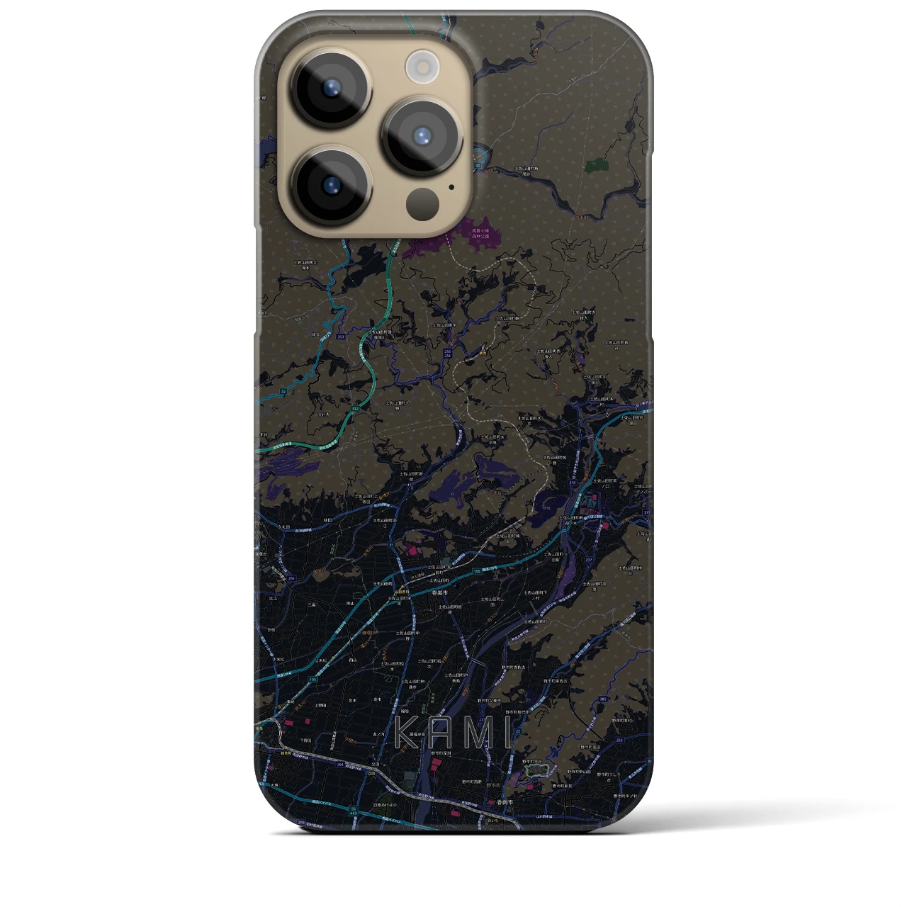 【香美】地図柄iPhoneケース（バックカバータイプ・ブラック）iPhone 14 Pro Max 用
