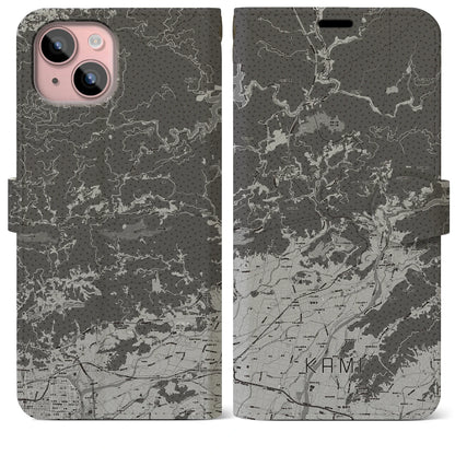【香美（高知県）】地図柄iPhoneケース（手帳タイプ）モノトーン・iPhone 15 Plus 用