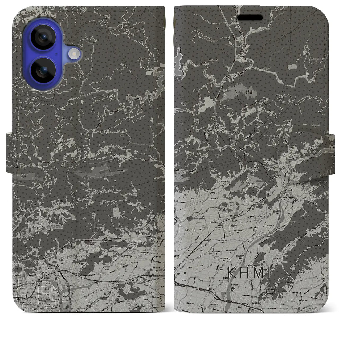 【香美(高知県)】地図柄iPhoneケース(手帳タイプ)モノトーン・iPhone 16 Pro Max 用