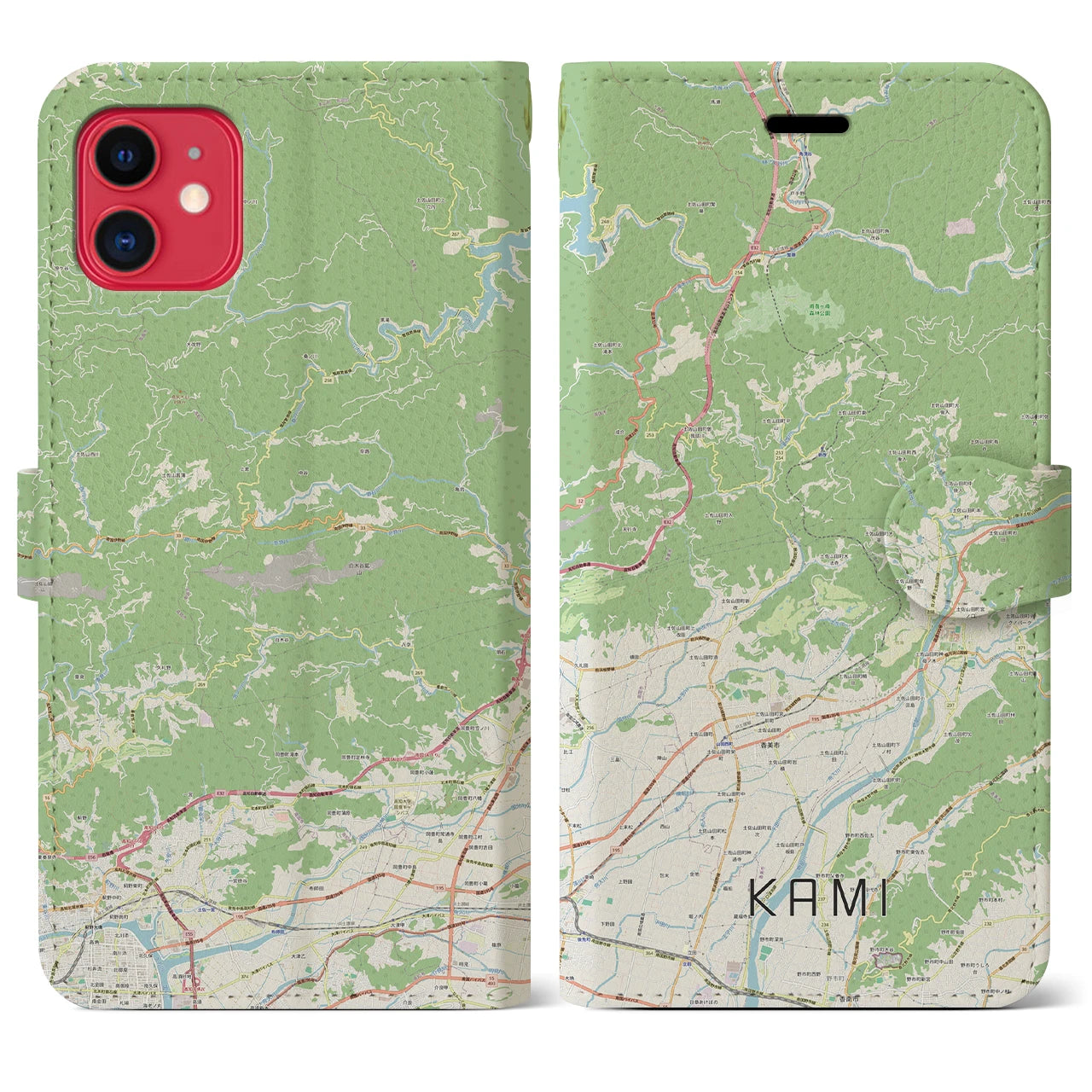 【香美】地図柄iPhoneケース（手帳両面タイプ・ナチュラル）iPhone 11 用