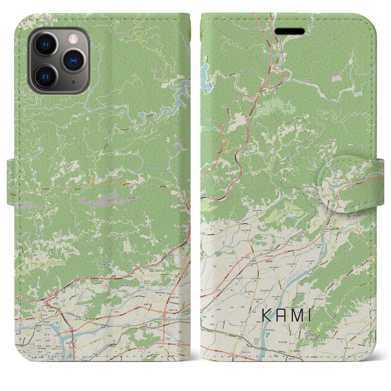 【香美（高知県）】地図柄iPhoneケース（手帳タイプ）ナチュラル・iPhone 11 Pro Max 用