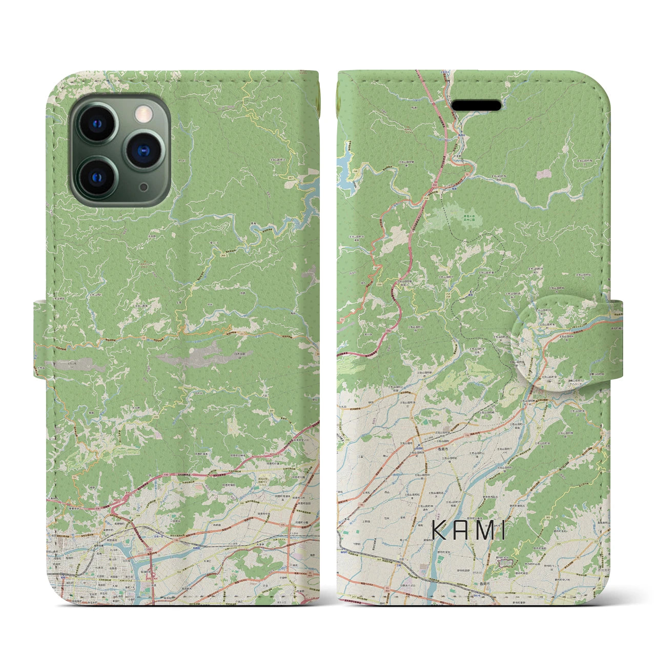 【香美（高知県）】地図柄iPhoneケース（手帳タイプ）ナチュラル・iPhone 11 Pro 用