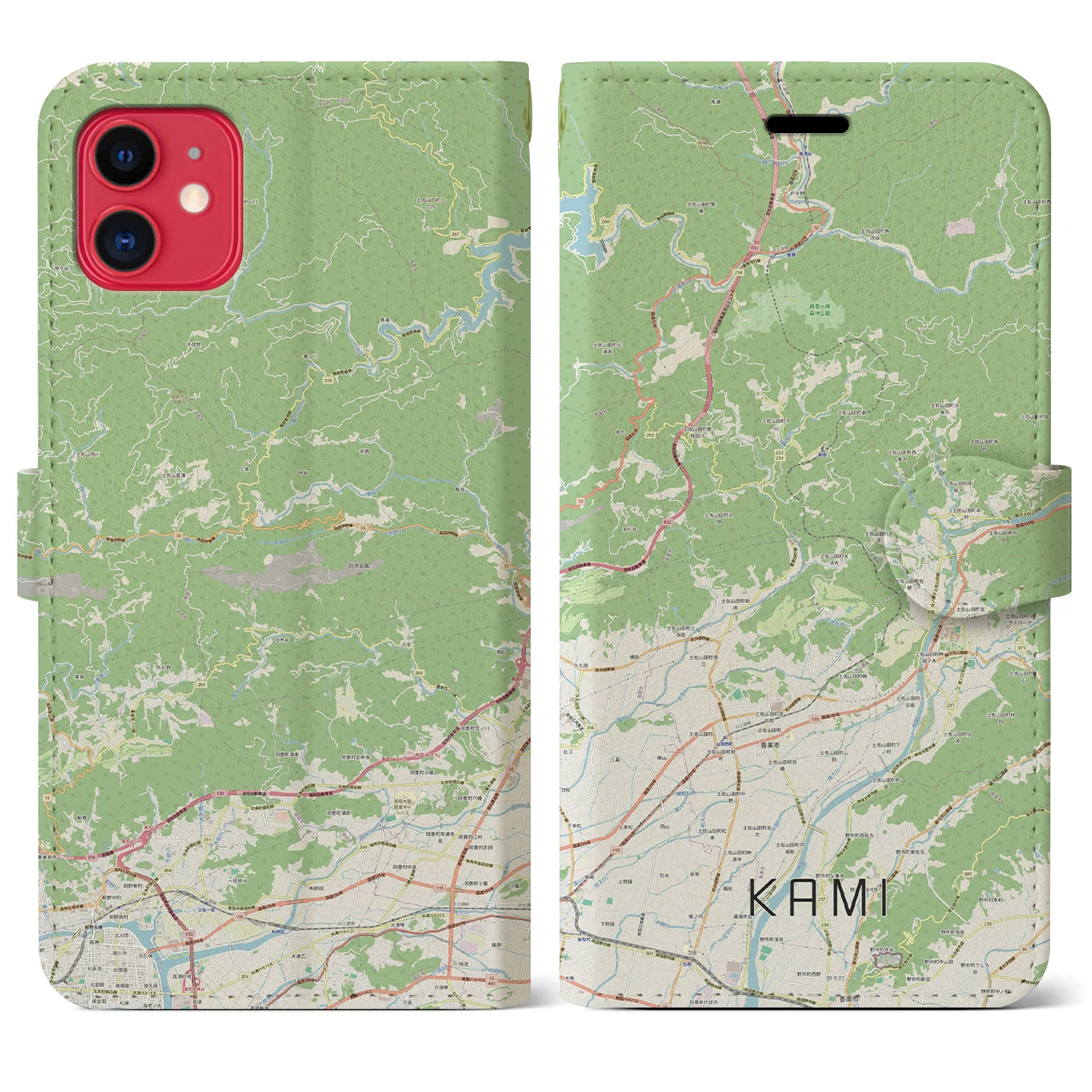 【香美（高知県）】地図柄iPhoneケース（手帳タイプ）ナチュラル・iPhone 11 用