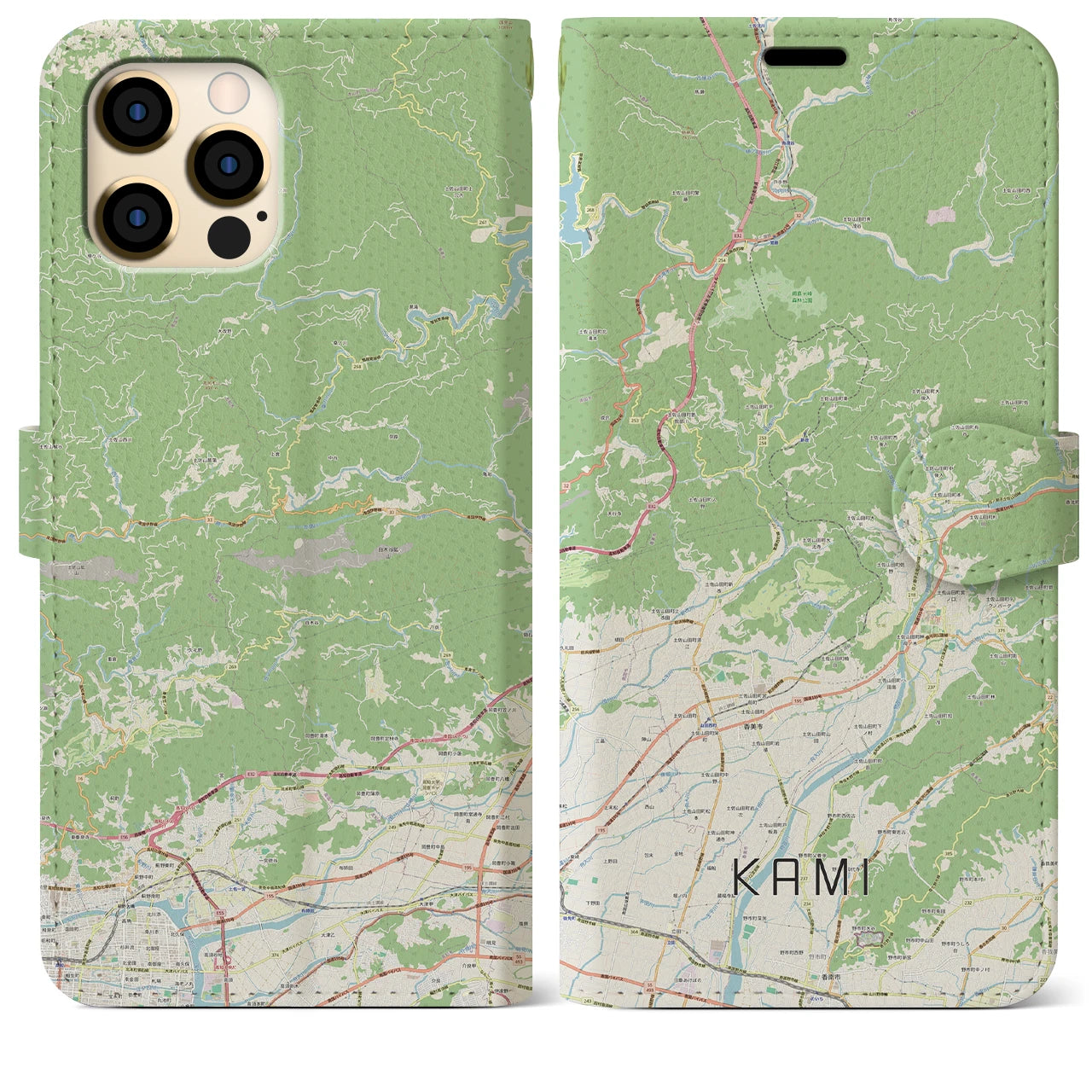 【香美（高知県）】地図柄iPhoneケース（手帳タイプ）ナチュラル・iPhone 12 Pro Max 用