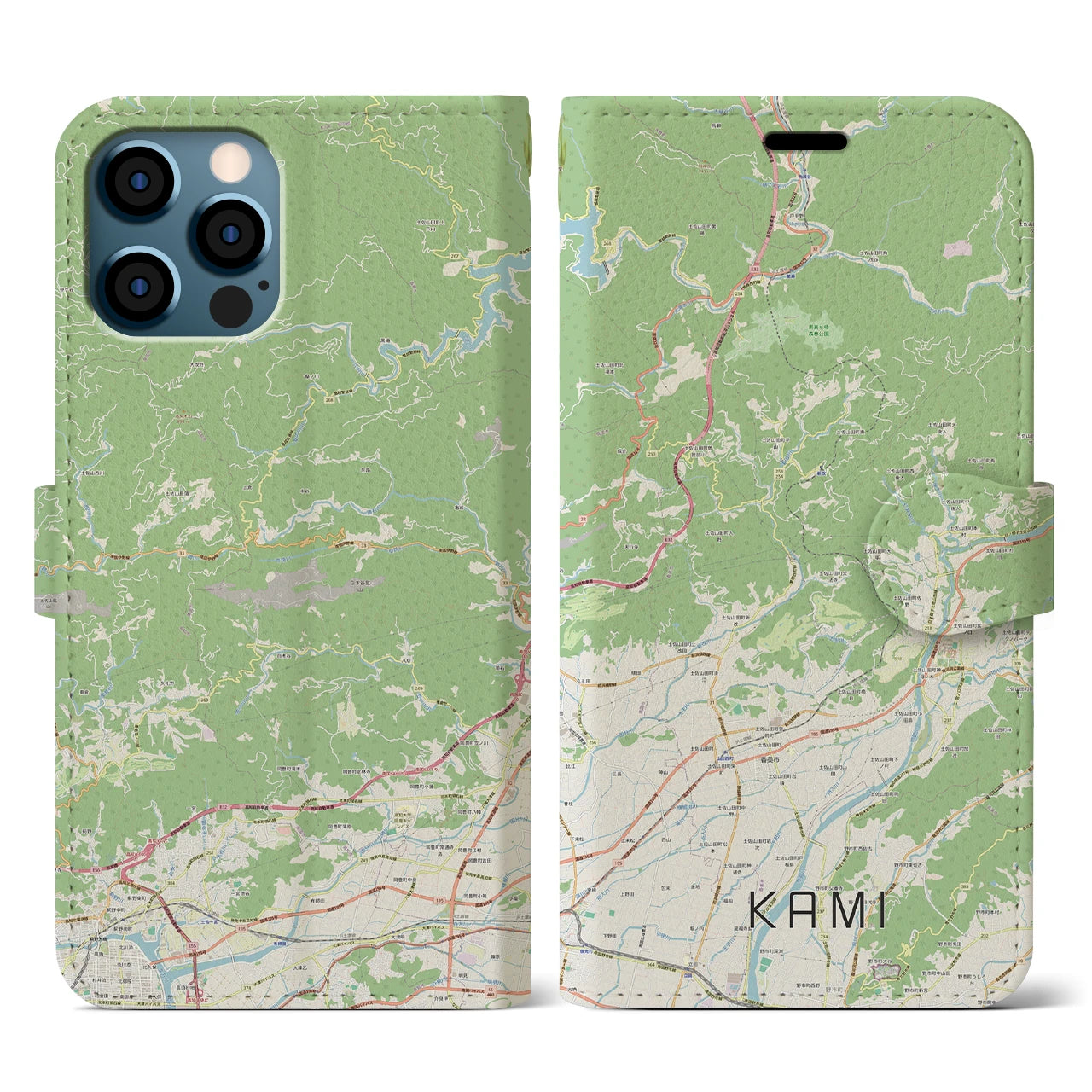 【香美（高知県）】地図柄iPhoneケース（手帳タイプ）ナチュラル・iPhone 12 / 12 Pro 用