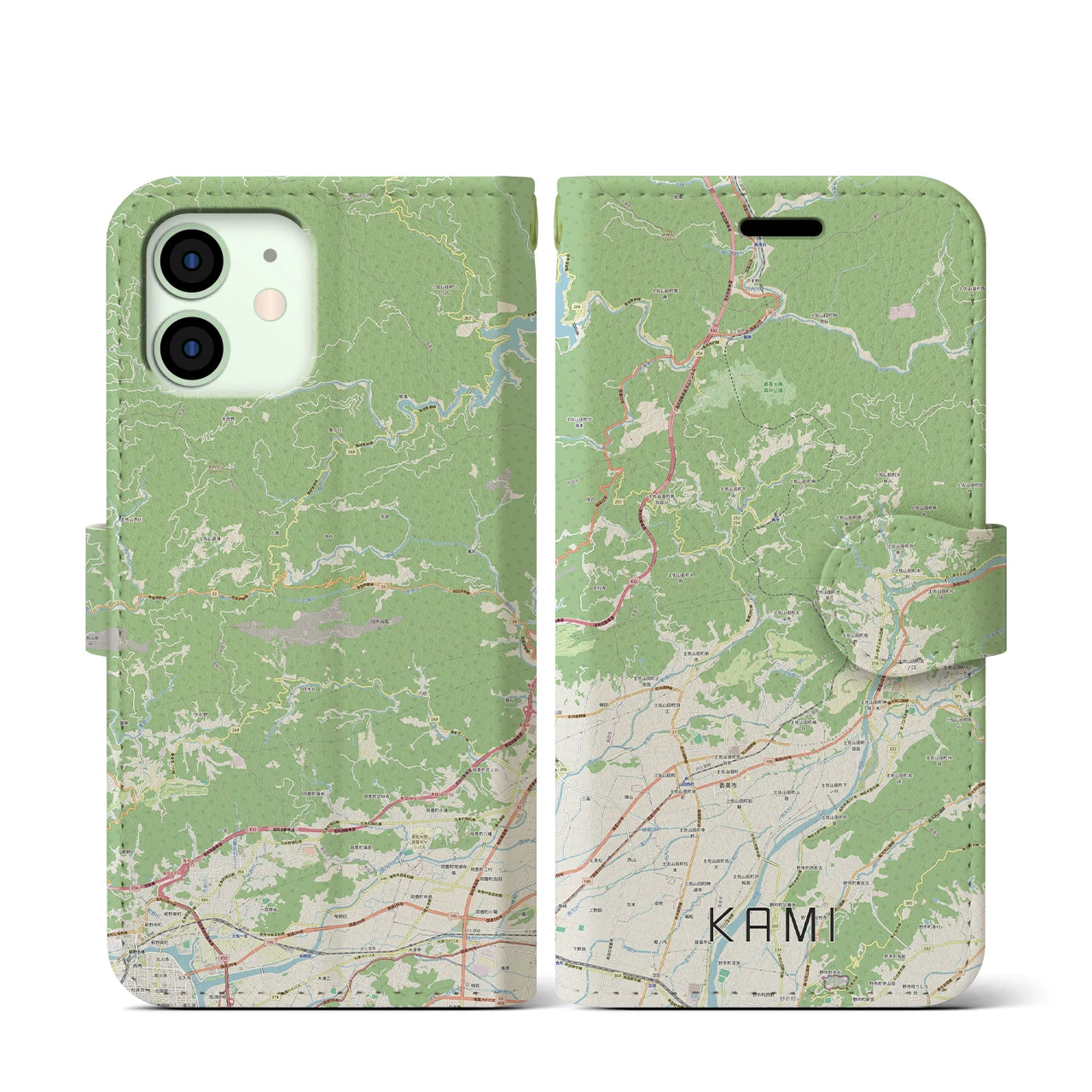 【香美（高知県）】地図柄iPhoneケース（手帳タイプ）ナチュラル・iPhone 12 mini 用