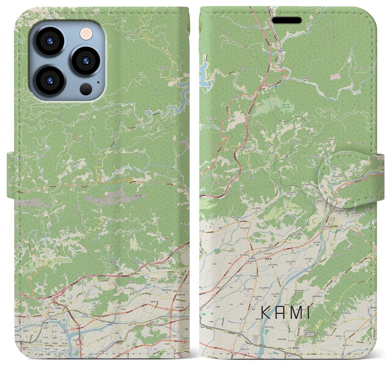 【香美（高知県）】地図柄iPhoneケース（手帳タイプ）ナチュラル・iPhone 13 Pro Max 用