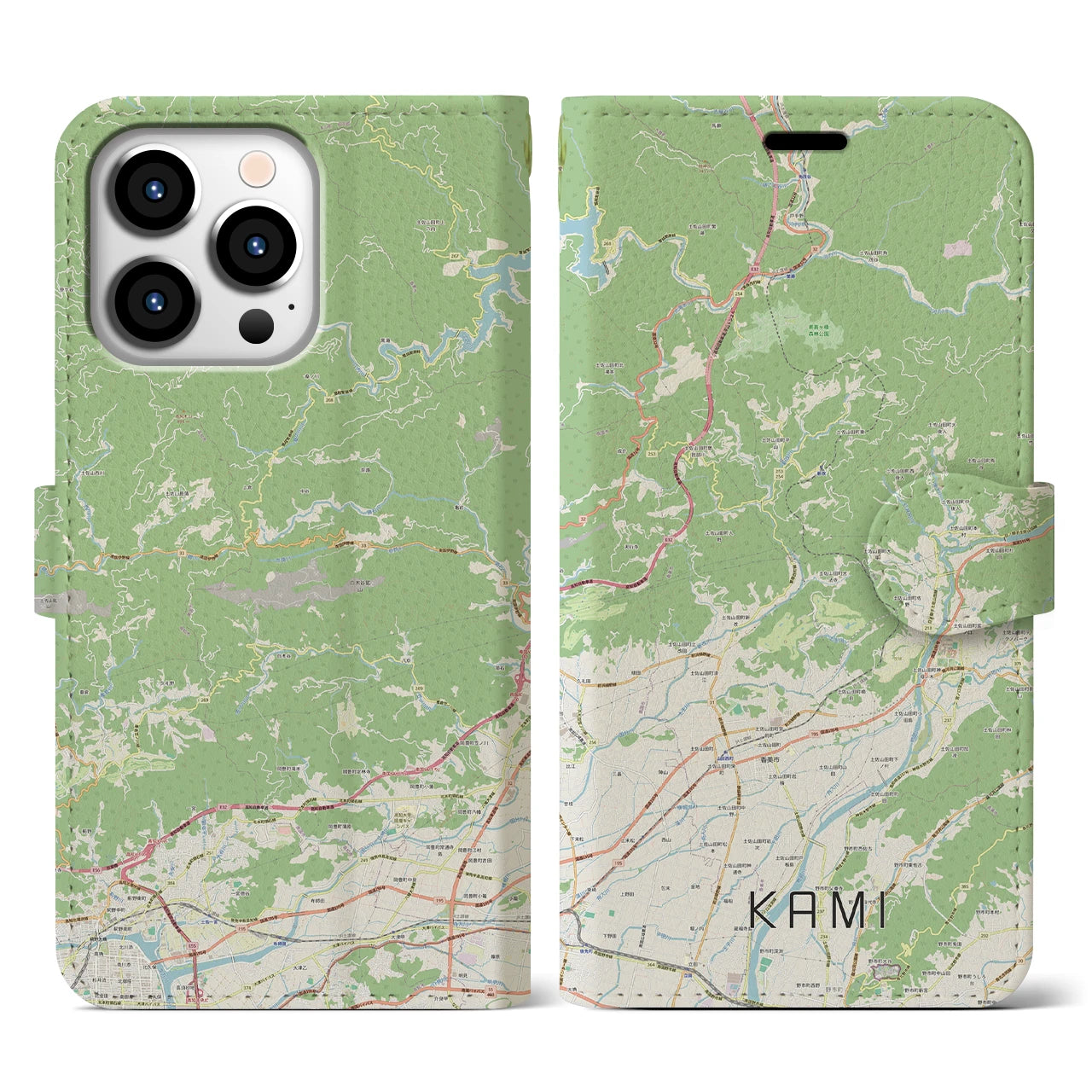 【香美（高知県）】地図柄iPhoneケース（手帳タイプ）ナチュラル・iPhone 13 Pro 用