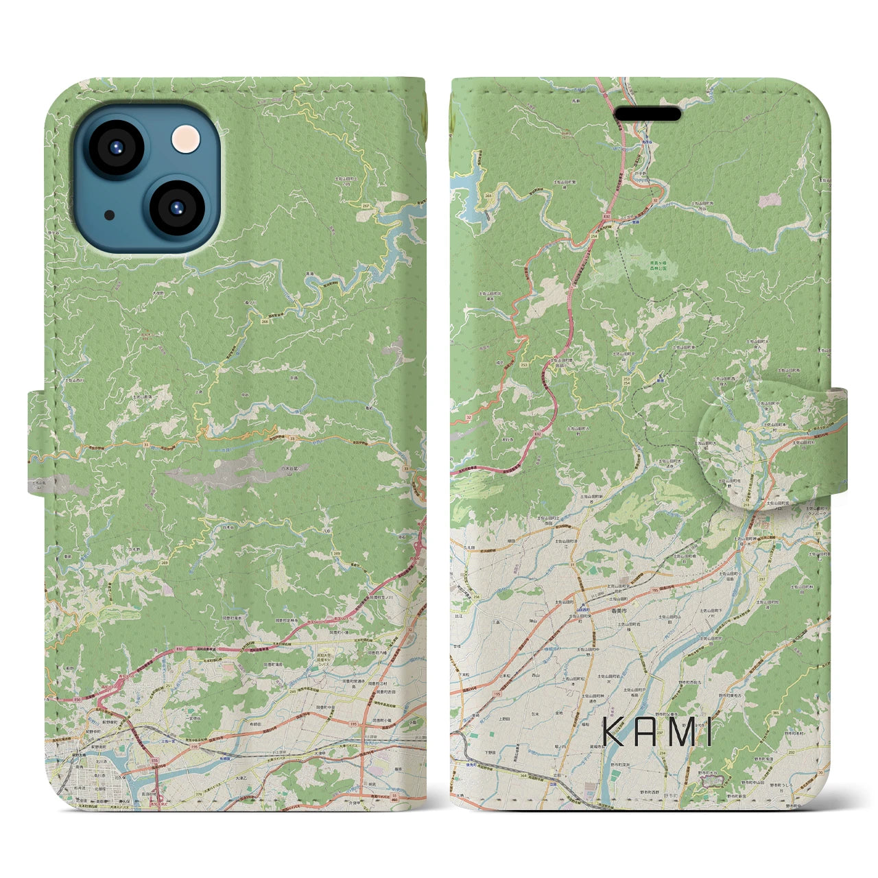 【香美（高知県）】地図柄iPhoneケース（手帳タイプ）ナチュラル・iPhone 13 用