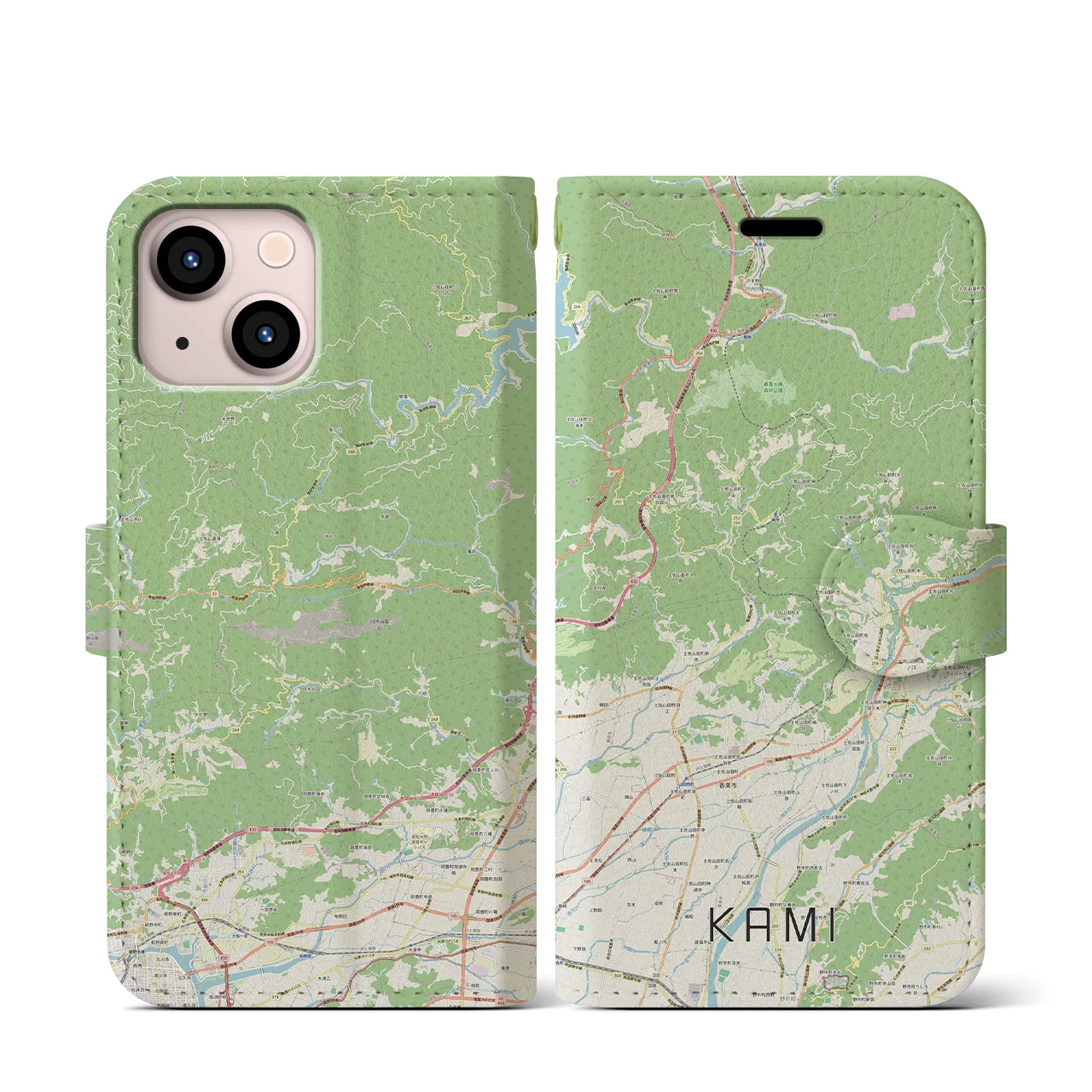 【香美（高知県）】地図柄iPhoneケース（手帳タイプ）ナチュラル・iPhone 13 mini 用