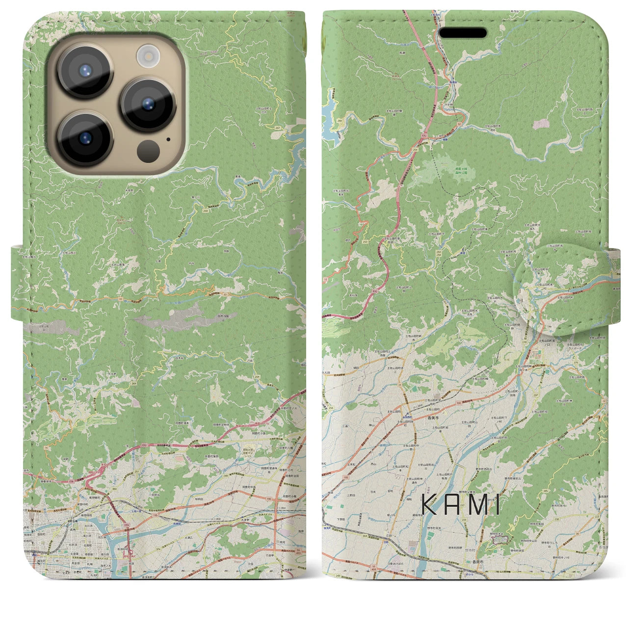 【香美（高知県）】地図柄iPhoneケース（手帳タイプ）ナチュラル・iPhone 14 Pro Max 用