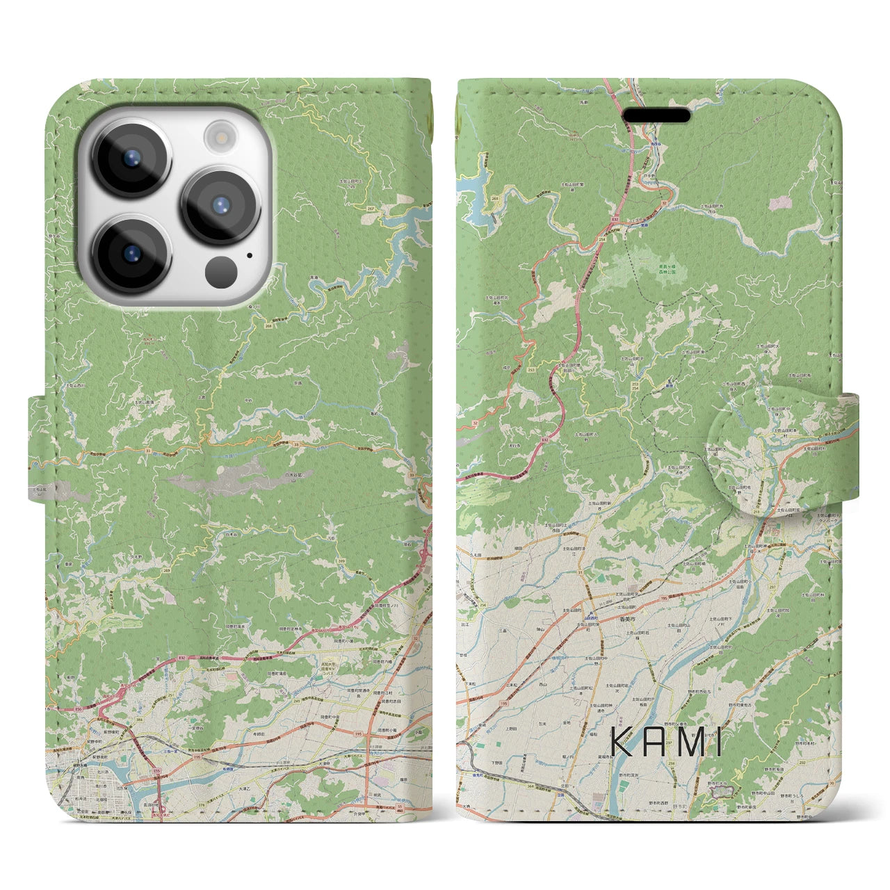 【香美】地図柄iPhoneケース（手帳両面タイプ・ナチュラル）iPhone 14 Pro 用