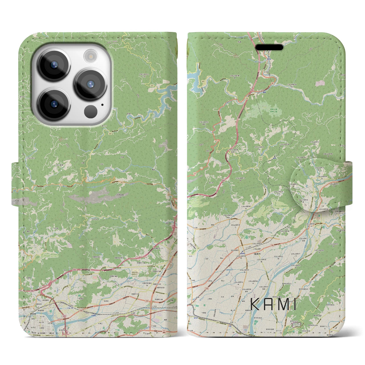 【香美（高知県）】地図柄iPhoneケース（手帳タイプ）ナチュラル・iPhone 14 Pro 用