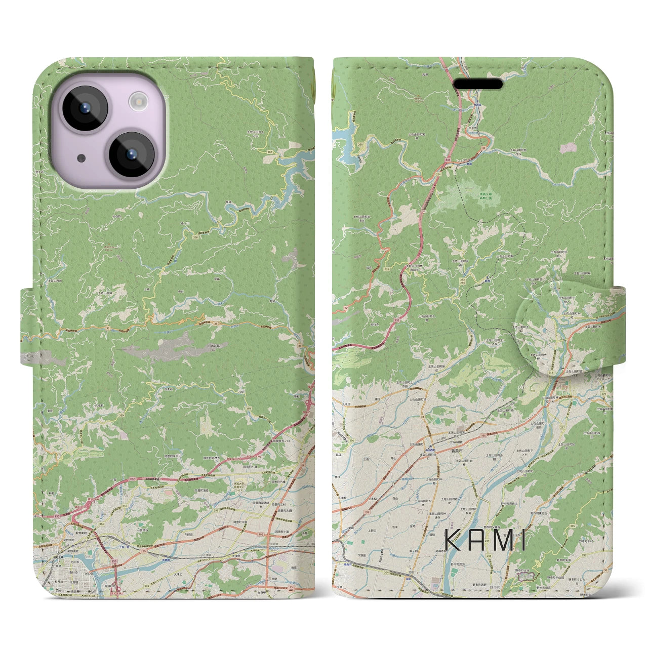 【香美（高知県）】地図柄iPhoneケース（手帳タイプ）ナチュラル・iPhone 14 用