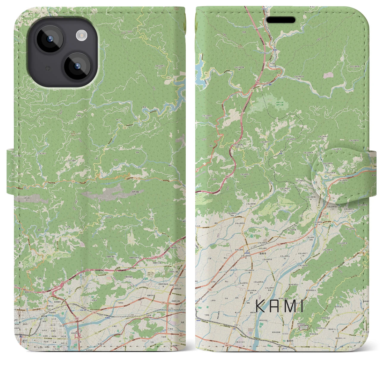 【香美（高知県）】地図柄iPhoneケース（手帳タイプ）ナチュラル・iPhone 14 Plus 用