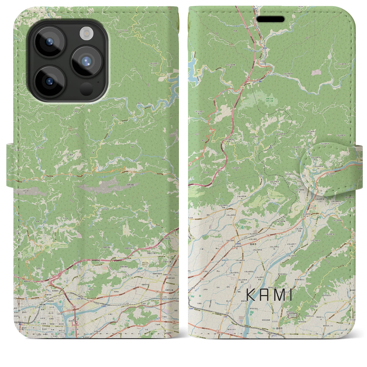 【香美（高知県）】地図柄iPhoneケース（手帳タイプ）ナチュラル・iPhone 15 Pro Max 用