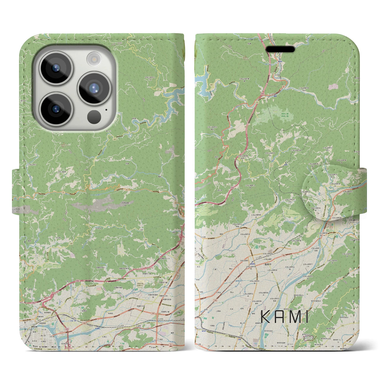 【香美】地図柄iPhoneケース（手帳両面タイプ・ナチュラル）iPhone 15 Pro 用