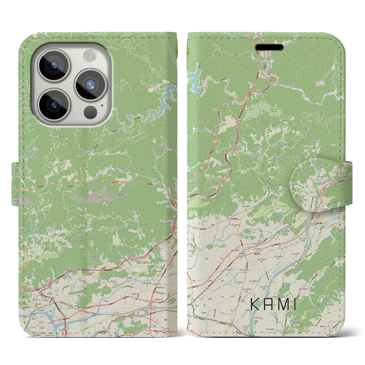 【香美（高知県）】地図柄iPhoneケース（手帳タイプ）ナチュラル・iPhone 15 Pro 用