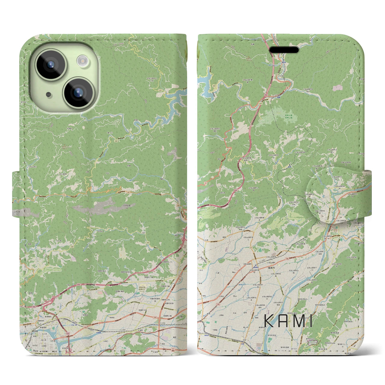 【香美（高知県）】地図柄iPhoneケース（手帳タイプ）ナチュラル・iPhone 15 用