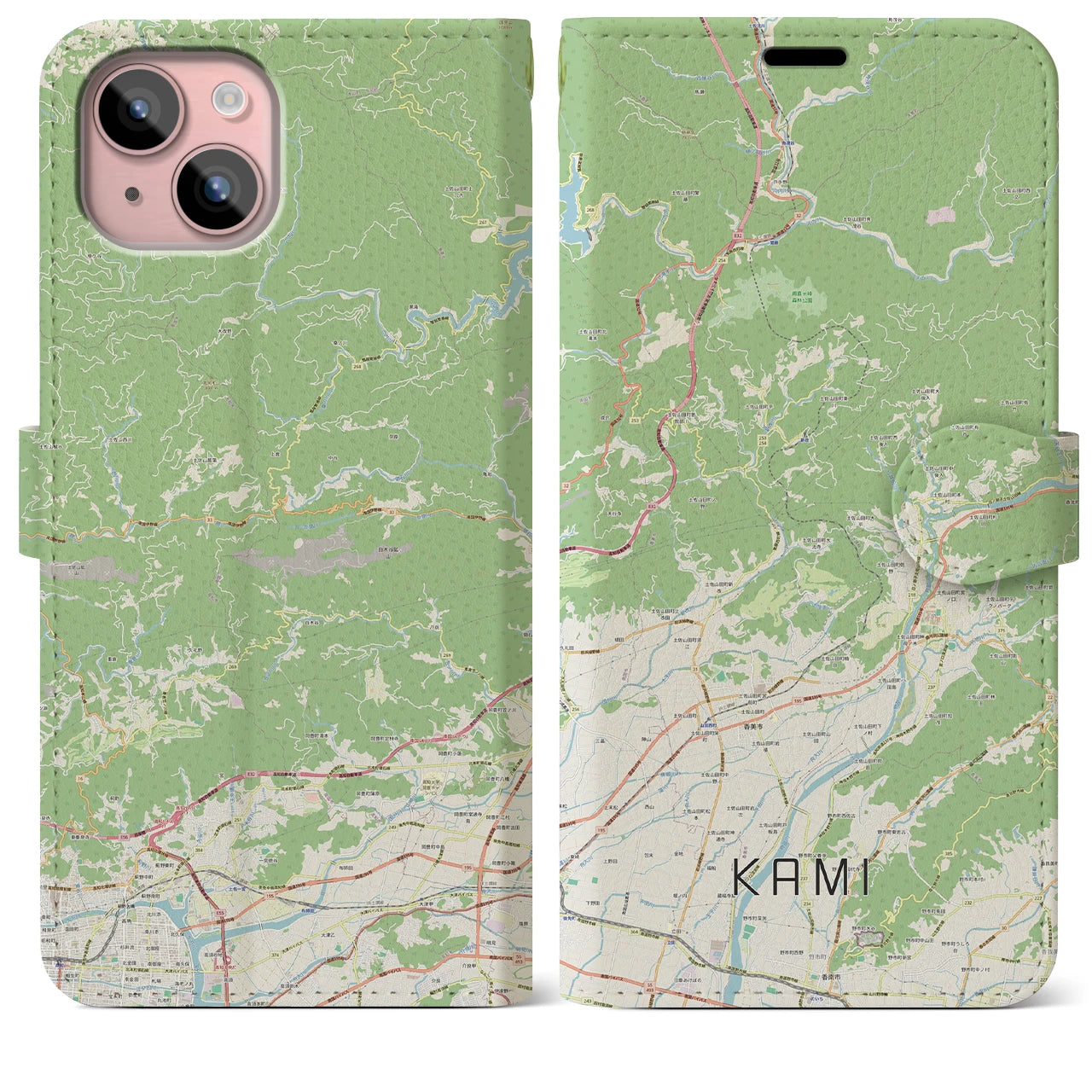 【香美（高知県）】地図柄iPhoneケース（手帳タイプ）ナチュラル・iPhone 15 Plus 用