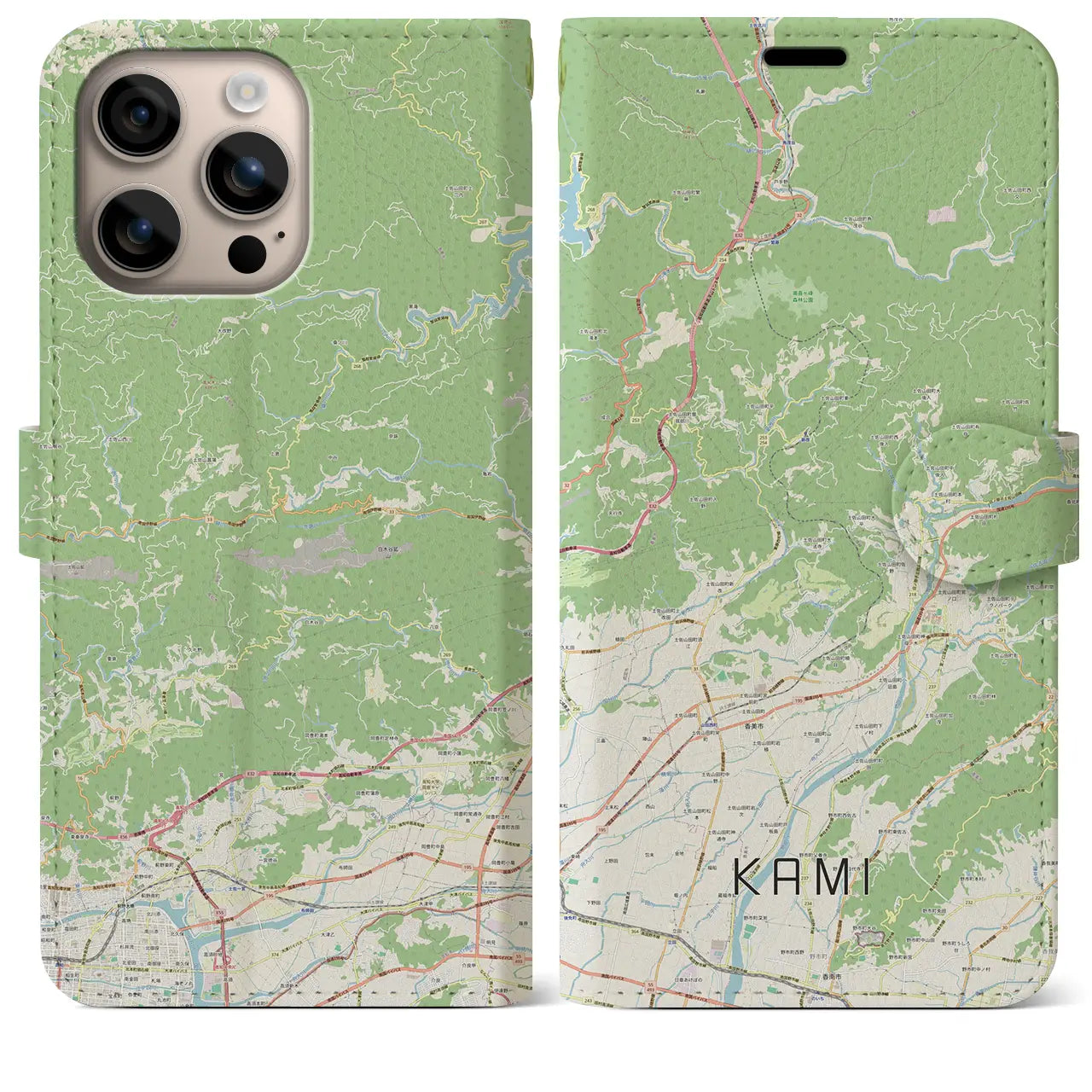 【香美（高知県）】地図柄iPhoneケース（手帳タイプ）ナチュラル・iPhone 16 Plus 用