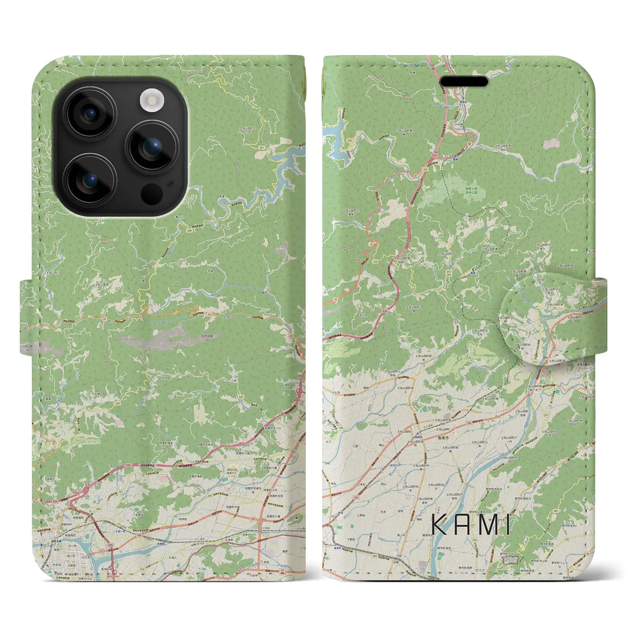 【香美（高知県）】地図柄iPhoneケース（手帳タイプ）ナチュラル・iPhone 16 用