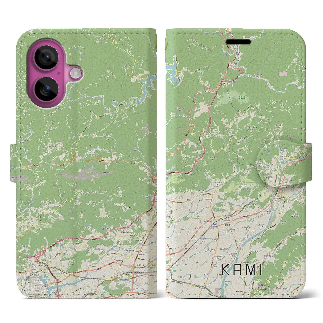 【香美（高知県）】地図柄iPhoneケース（手帳タイプ）ナチュラル・iPhone 16 Pro 用