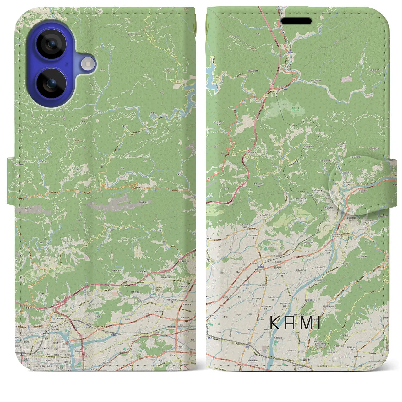 【香美（高知県）】地図柄iPhoneケース（手帳タイプ）ナチュラル・iPhone 16 Pro Max 用