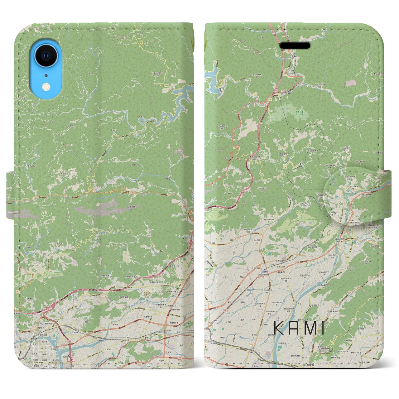 【香美】地図柄iPhoneケース（手帳両面タイプ・ナチュラル）iPhone XR 用