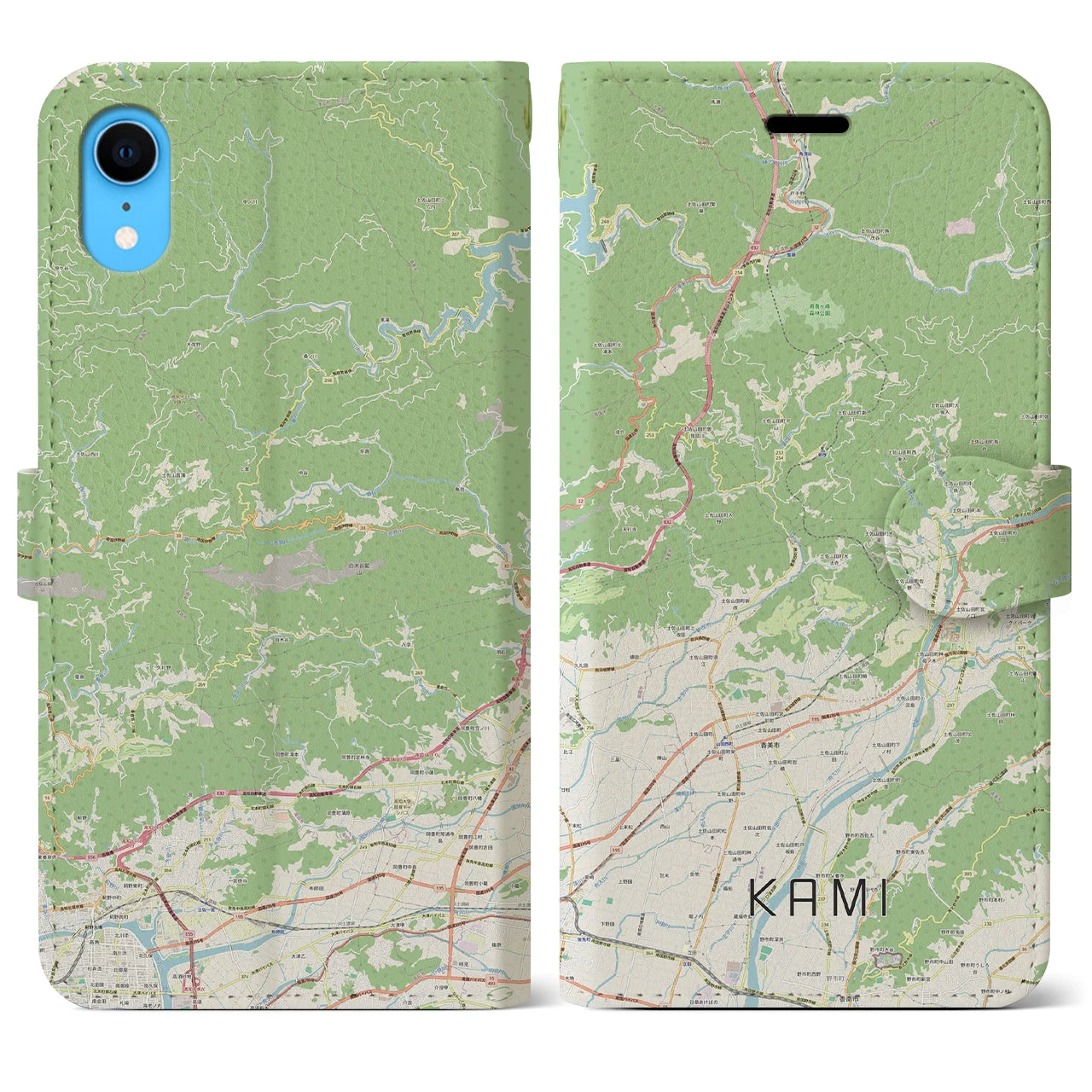 【香美（高知県）】地図柄iPhoneケース（手帳タイプ）ナチュラル・iPhone XR 用