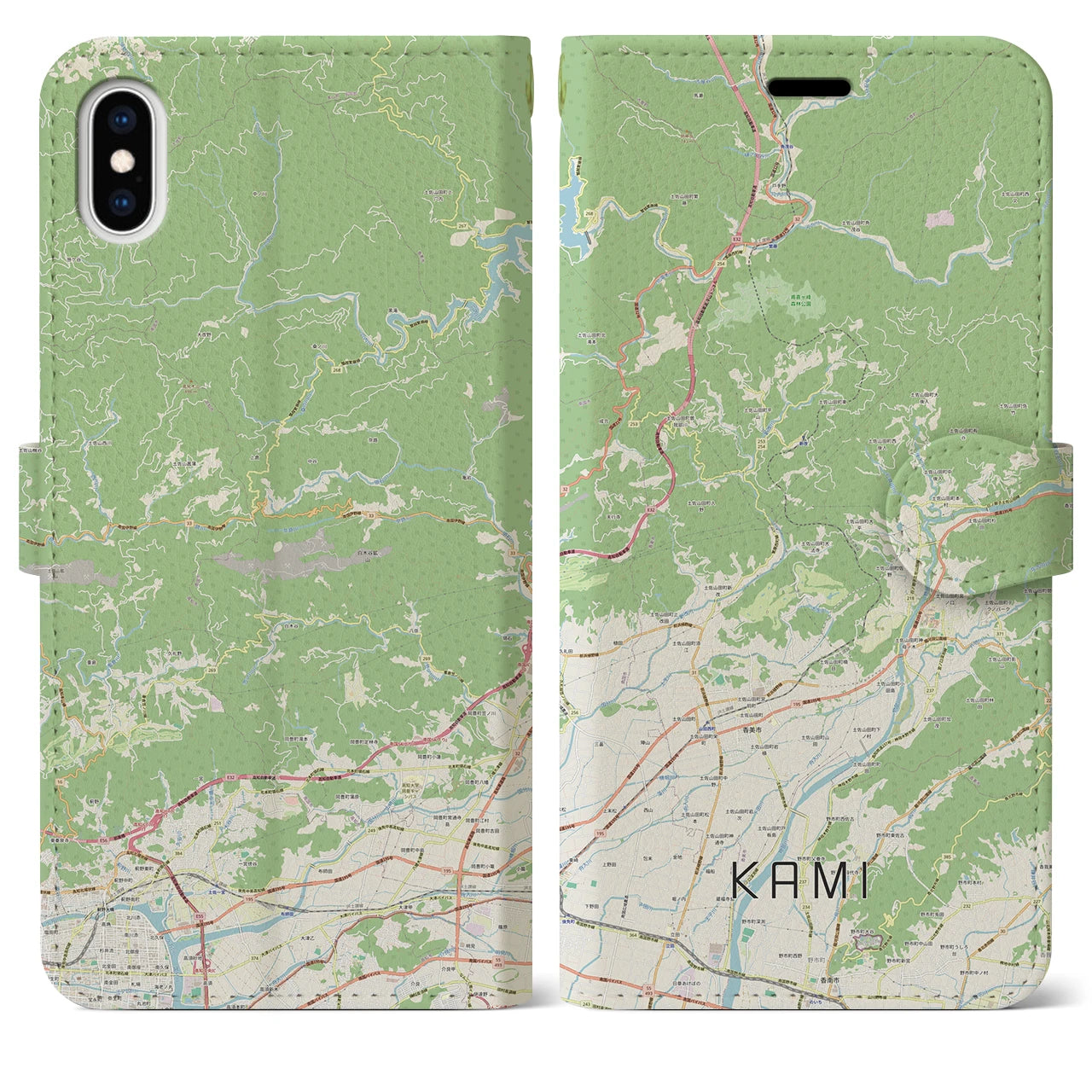 【香美（高知県）】地図柄iPhoneケース（手帳タイプ）ナチュラル・iPhone XS Max 用